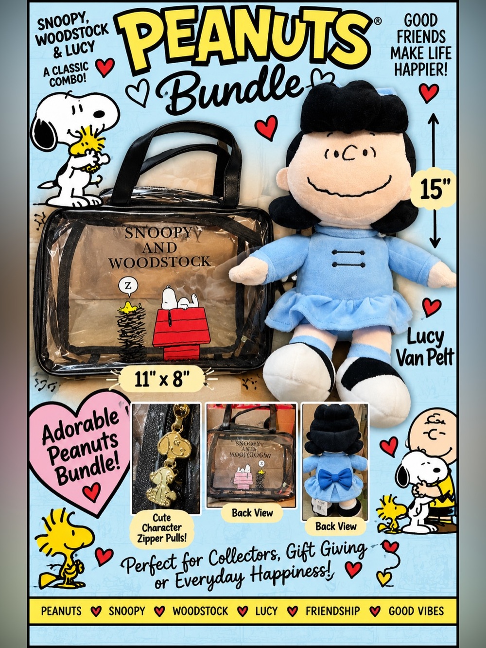 Peanuts Lucy 15” Plush & Snoopy Woodstock Clear Travel Bag Bundle